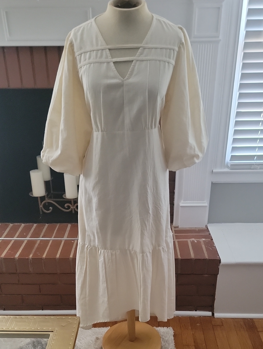 Free People Cream Puff-Sleeve V-Notch Midi Dress
